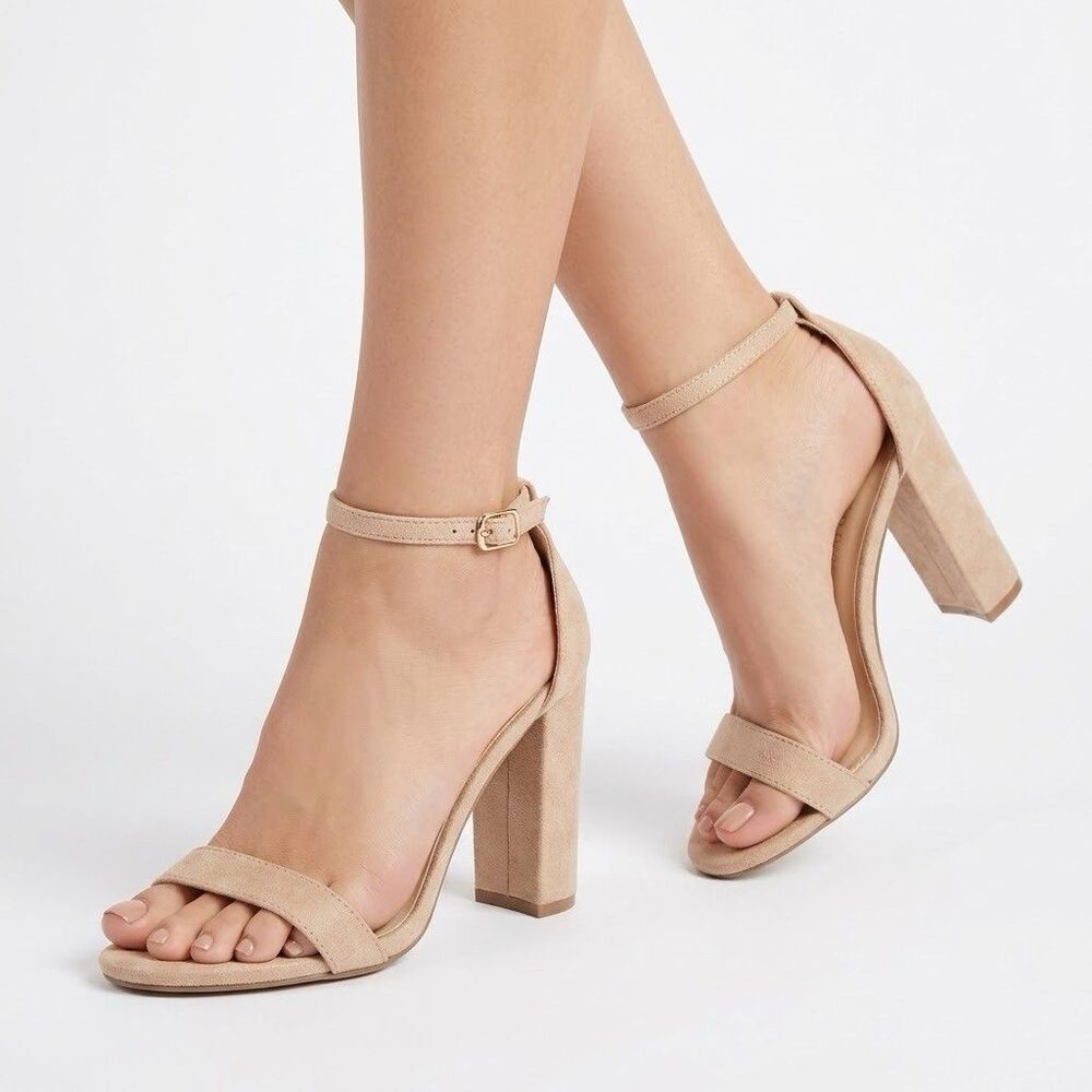 Wild Diva Nude Ankle Strap Block High Heel Open Toe Shoes 6 Faux Suede Wedding